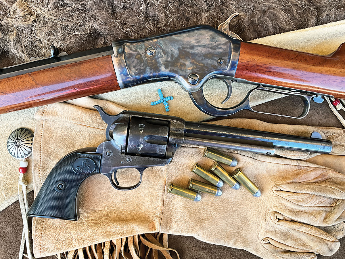 The Burgess rifle and Colt Frontier Six Shooter were a perfect match as both were chambered in 44 Winchester Center Fire (44 WCF).
